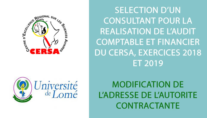 Sélection d’un consultant pour la réalisation de l’Audit Comptable et Financier du CERSA, exercices 2018 et 2019 :  Modification de l’adresse de l’autorité contractante