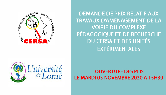 Avis de demande de renseignement de prix n° 07/2020/UL/PRMP/CERSA relatif aux Travaux d'aménagement de la voirie du Complexe pédagogique et de recherche du CERSA et des unités expérimentales